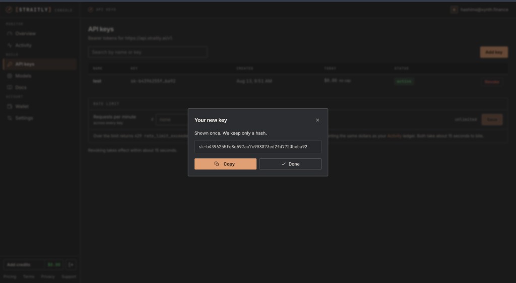 Creating a new key in the Straitly console