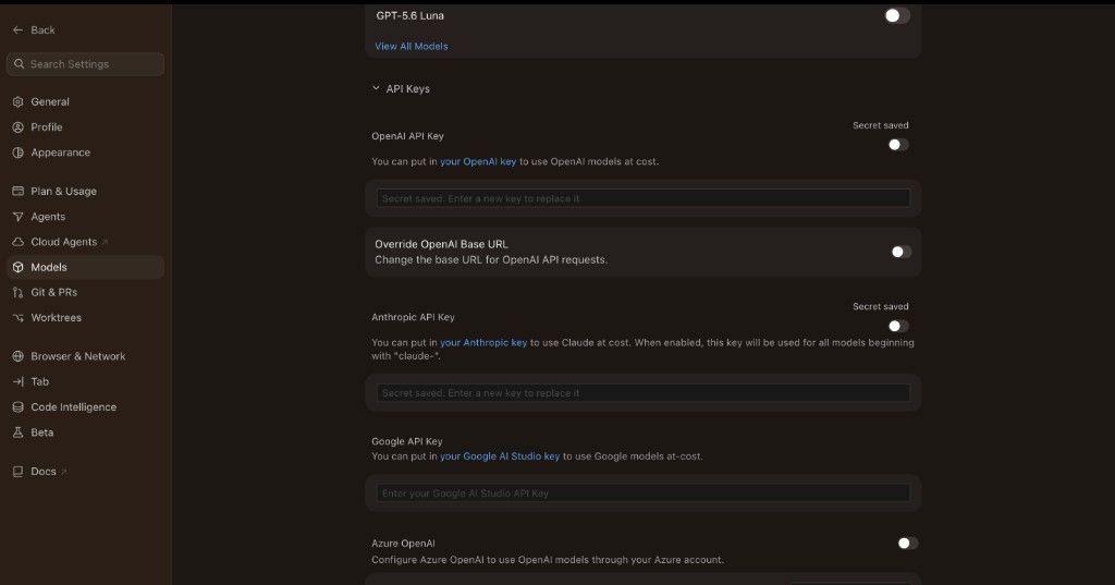 Cursor Settings, Models page, API Keys section